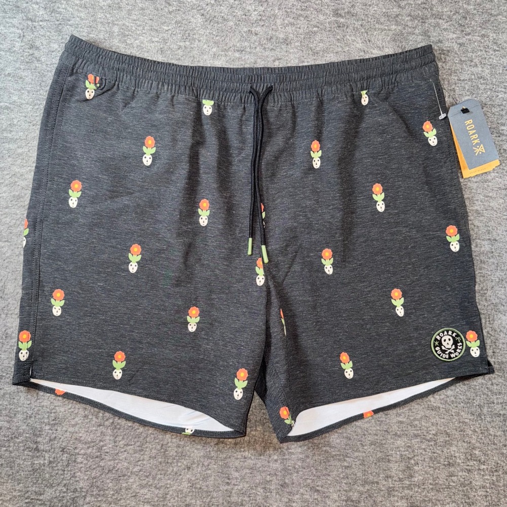 ROARK Mens Shorey 16" Deep Roots Black Floral Skull Swim Trunks Shorts XXL NEW